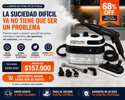 Limpiador a Vapor Portátil 2500W PRO™ — Sin químicos. Sin grasa. Sin suciedad. Solo vapor.