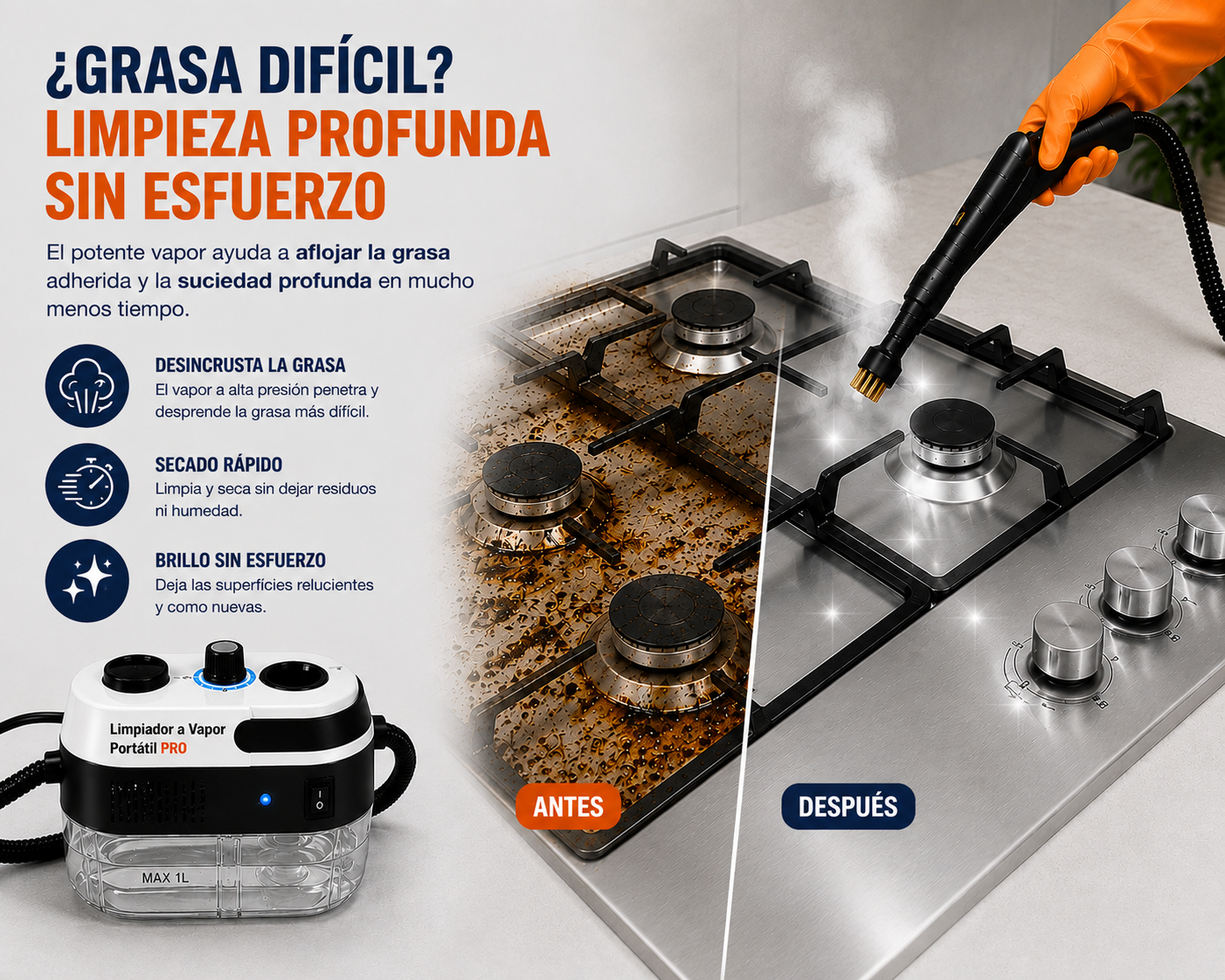 Limpiador a Vapor Portátil 2500W PRO™ — Sin químicos. Sin grasa. Sin suciedad. Solo vapor.