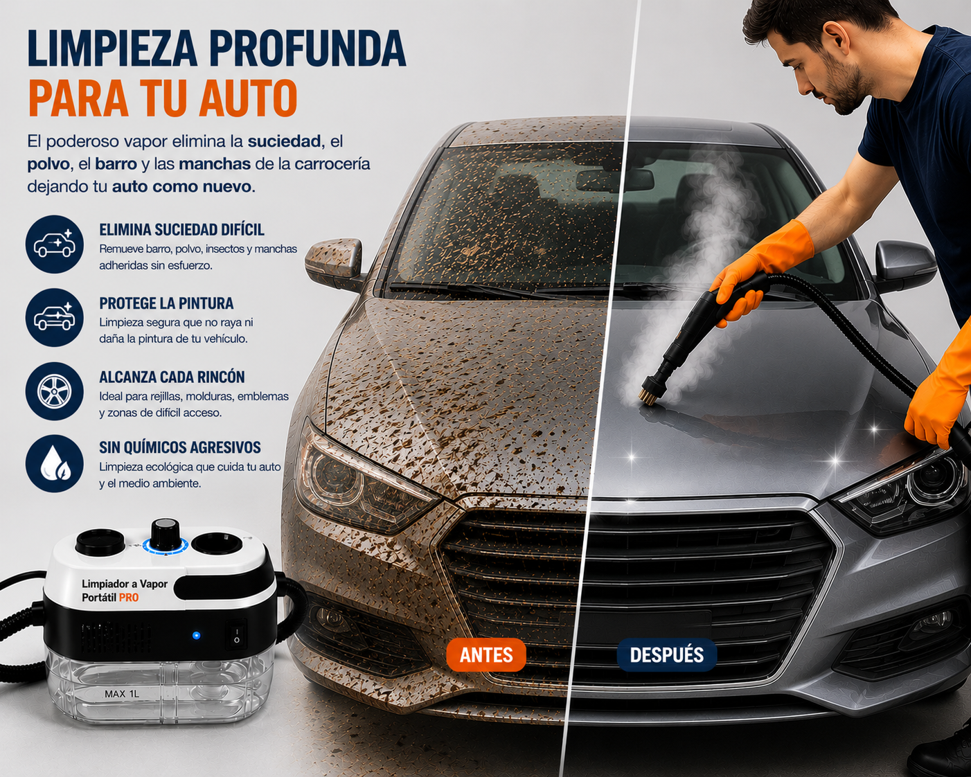 Limpiador a Vapor Portátil 2500W PRO™ — Sin químicos. Sin grasa. Sin suciedad. Solo vapor.